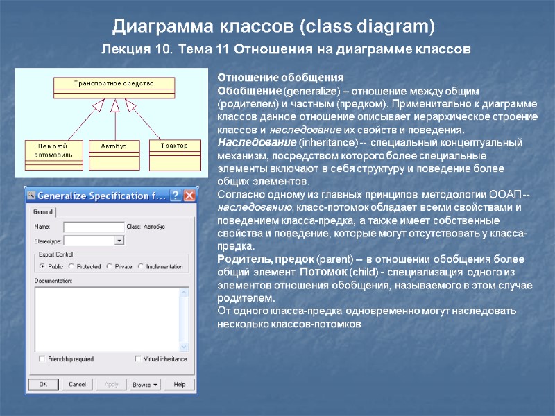 Лекция 10. Тема 11 Отношения на диаграмме классов Диаграмма классов (class diagram)  